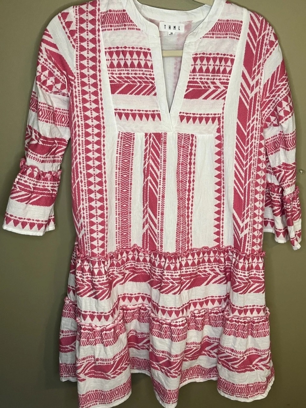 THML Pink White Geometric Embroidered Boho Tiered Tunic Mini Dress XS